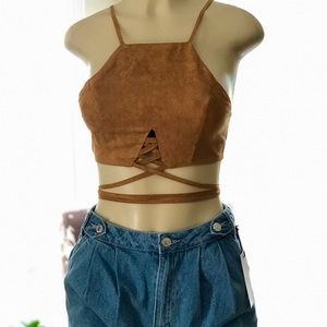 Camel Suede Wrap Around Crop Top